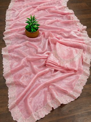 Elegant Baby Pink Silk Saree with Zarkan Diamond Border