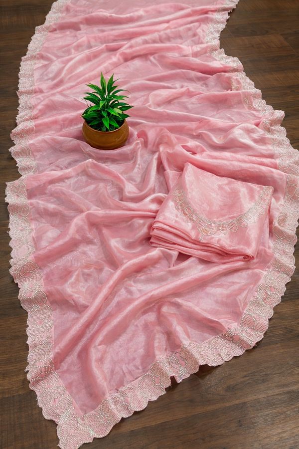 Elegant Baby Pink Silk Saree with Zarkan Diamond Border