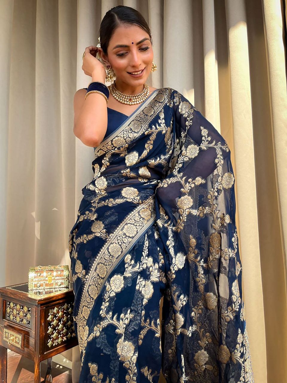 Navy Blue Banarasi Silk Saree With Gold Jacquard Work