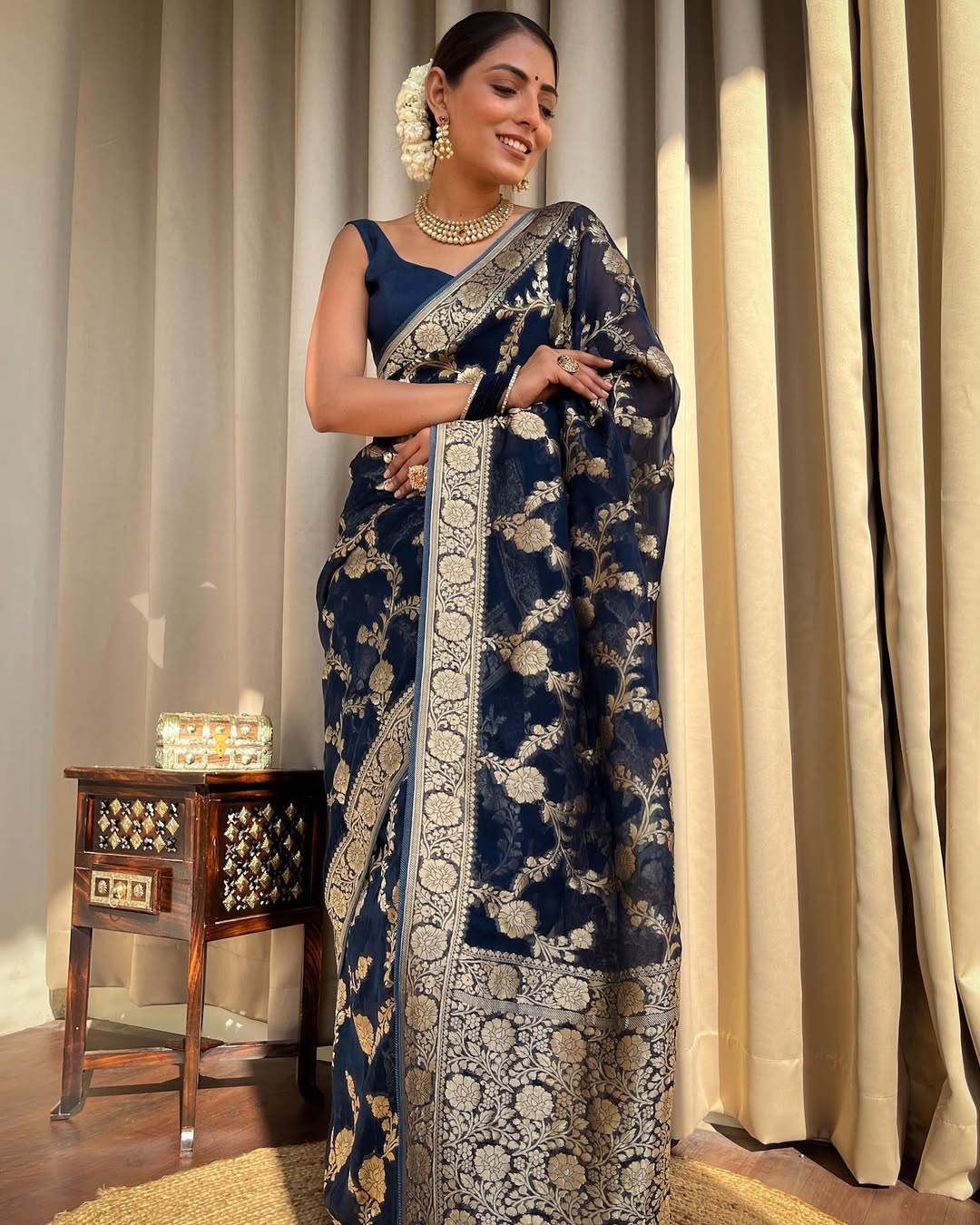 Navy Blue Banarasi Silk Saree With Gold Jacquard Work