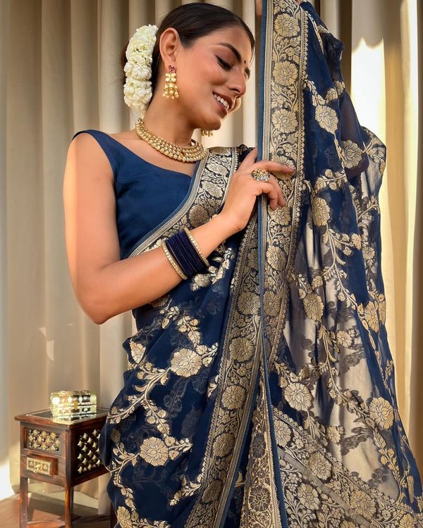 Navy Blue Banarasi Silk Saree With Gold Jacquard Work