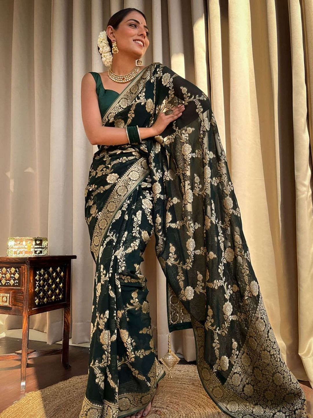 Dark Green Banarasi Silk Saree With Gold Jacquard Work
