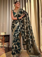 Dark Green Banarasi Silk Saree With Gold Jacquard Work - Green