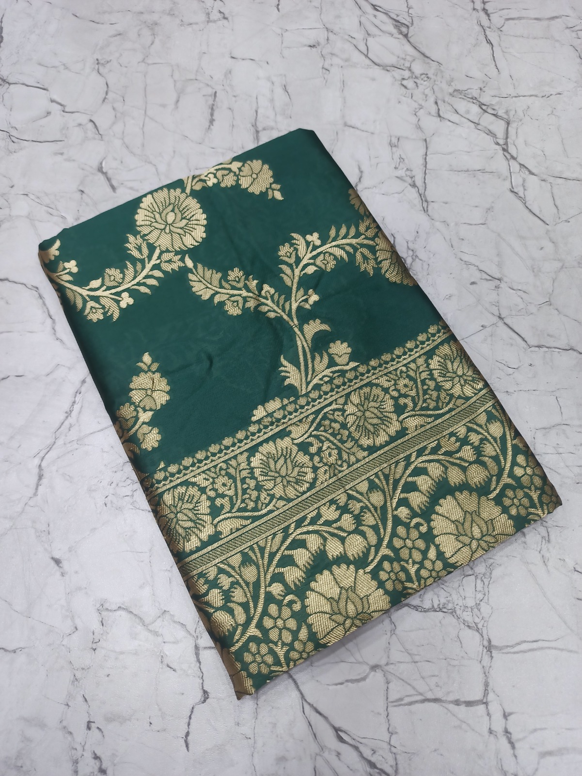 Dark Green Banarasi Silk Saree With Gold Jacquard Work