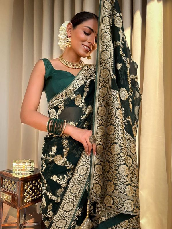 Dark Green Banarasi Silk Saree With Gold Jacquard Work