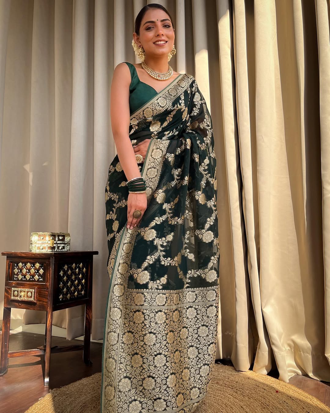 Dark Green Banarasi Silk Saree With Gold Jacquard Work