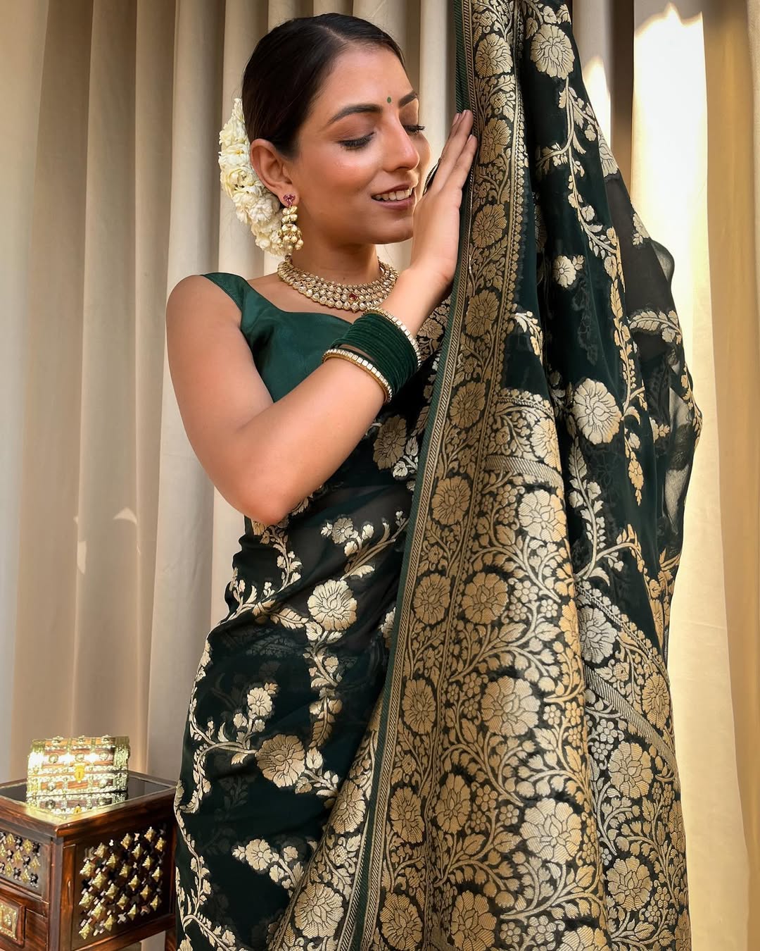 Dark Green Banarasi Silk Saree With Gold Jacquard Work