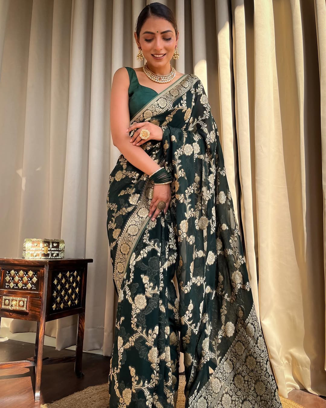 Dark Green Banarasi Silk Saree With Gold Jacquard Work