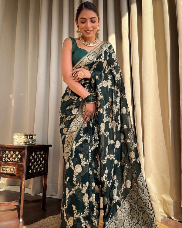 Dark Green Banarasi Silk Saree With Gold Jacquard Work
