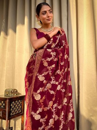 Maroon Banarasi Lichi Silk Saree With Zari Work