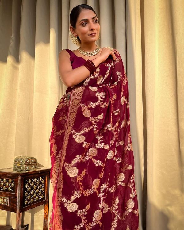 Maroon Banarasi Lichi Silk Saree With Zari Work