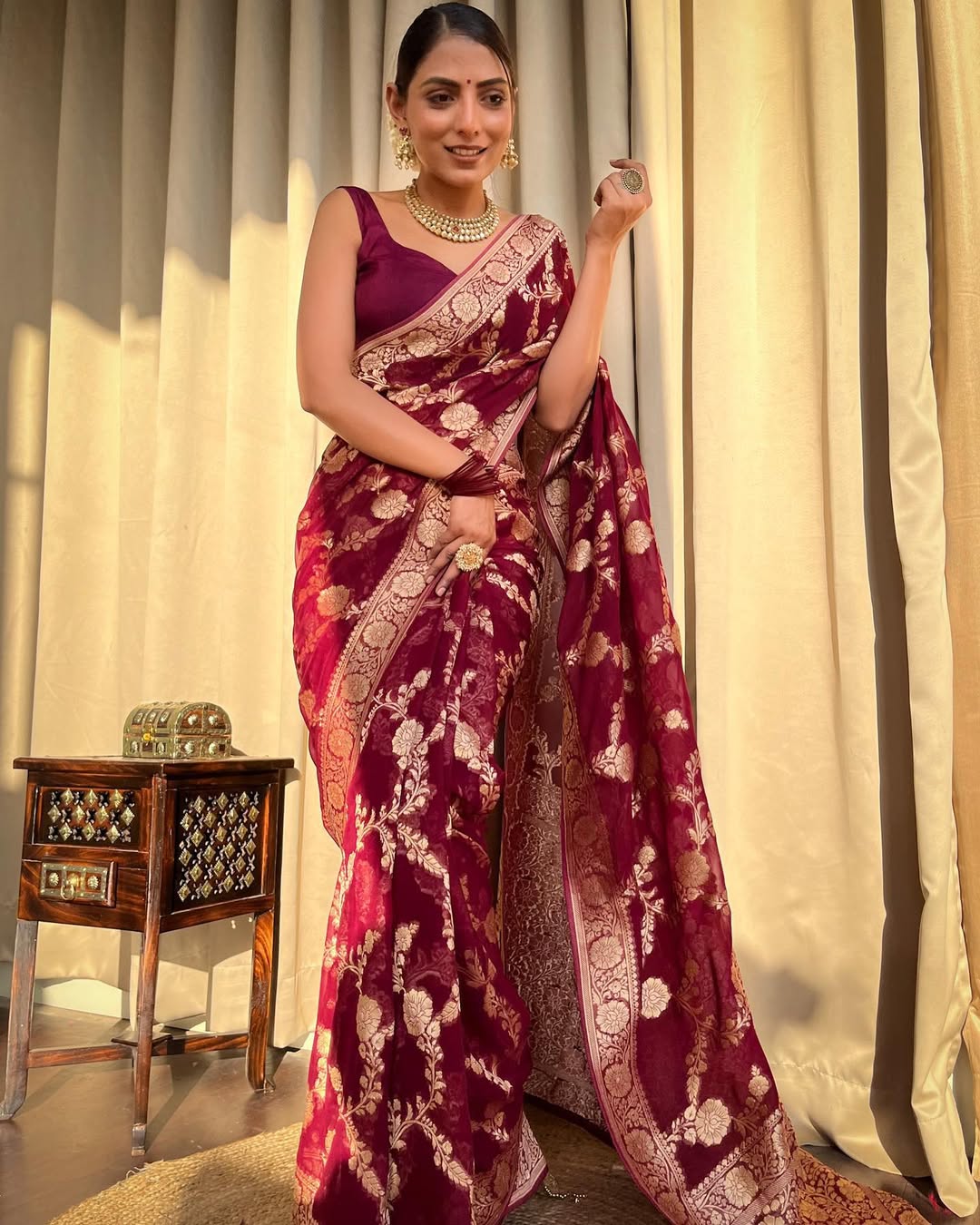 Maroon Banarasi Lichi Silk Saree With Zari Work