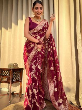 Maroon Banarasi Lichi Silk Saree with Zari Work