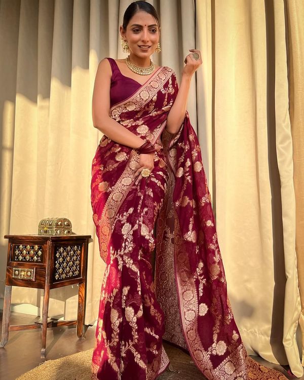 Maroon Banarasi Lichi Silk Saree With Zari Work