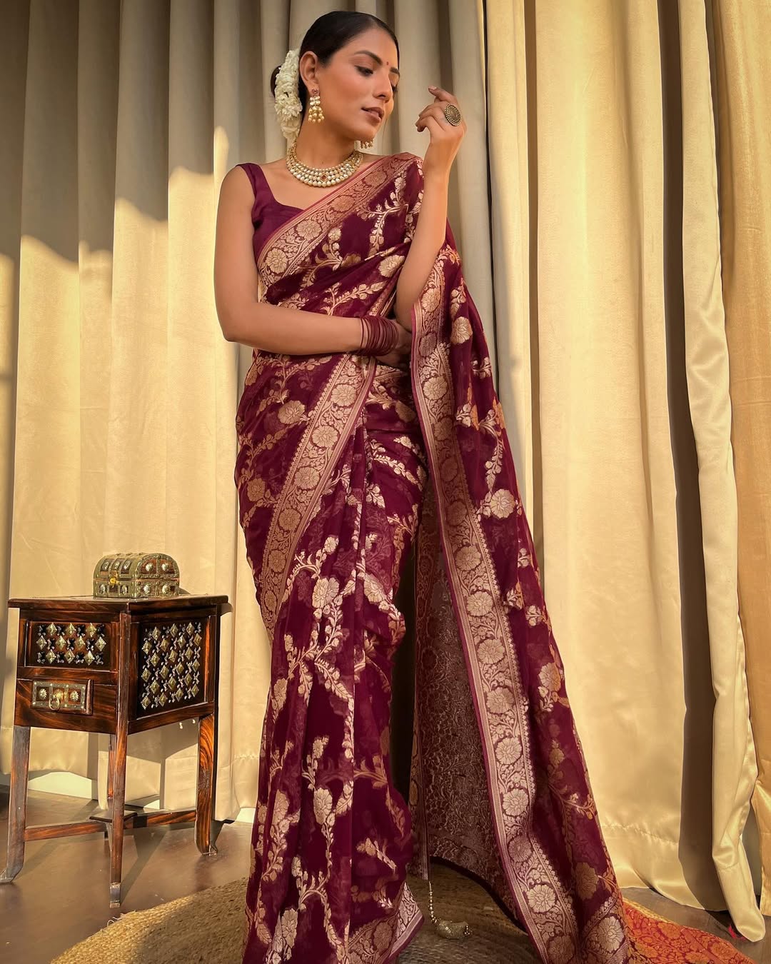 Maroon Banarasi Lichi Silk Saree With Zari Work
