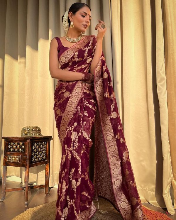 Maroon Banarasi Lichi Silk Saree With Zari Work