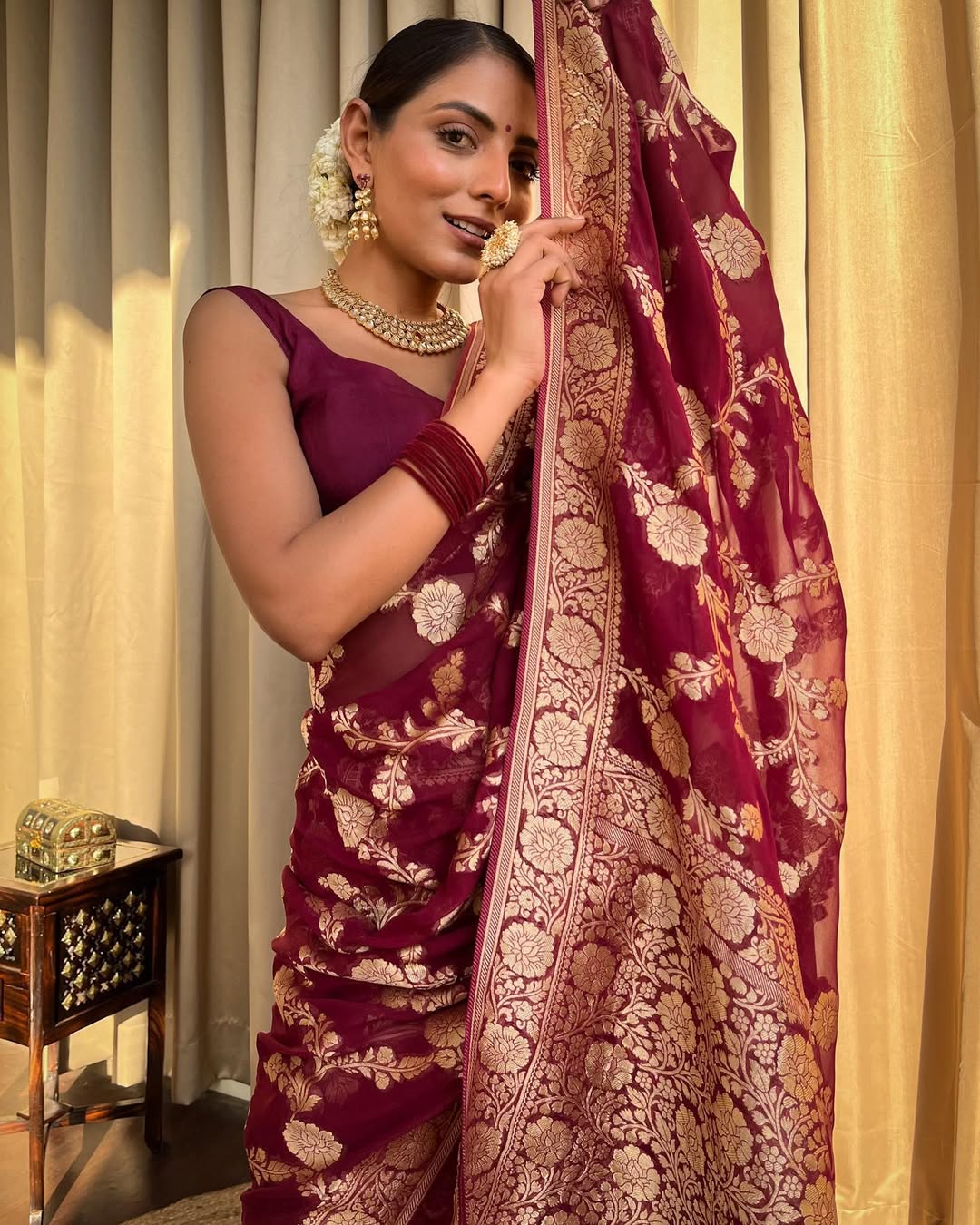 Maroon Banarasi Lichi Silk Saree With Zari Work