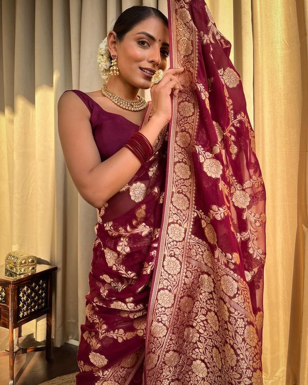 Maroon Banarasi Lichi Silk Saree With Zari Work