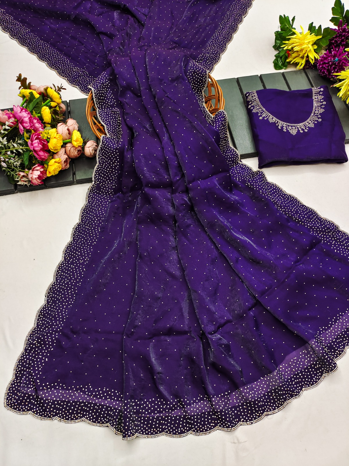 Designer Deep Purple Silk Saree with Elegant Diamond Touch