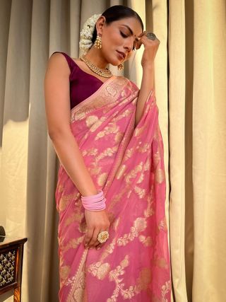 Pink Banarasi Lichi Silk Saree With Zari Design