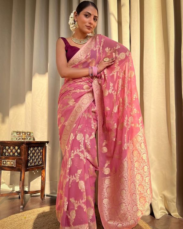 Pink Banarasi Lichi Silk Saree With Zari Design