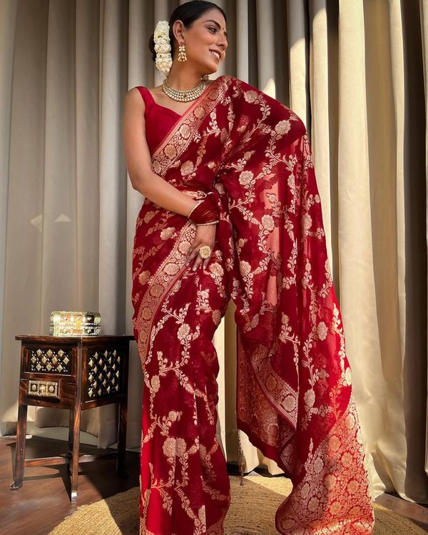 Red Banarasi Silk Saree With Gold Zari Floral Work