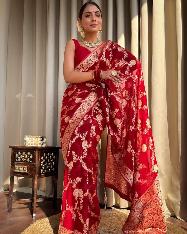 Red Banarasi Silk Saree With Gold Zari Floral Work