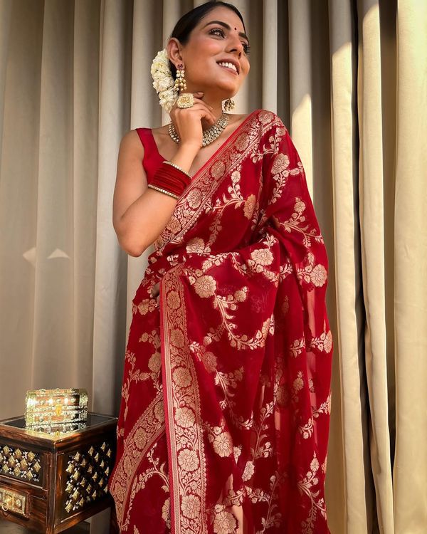 Red Banarasi Silk Saree With Gold Zari Floral Work