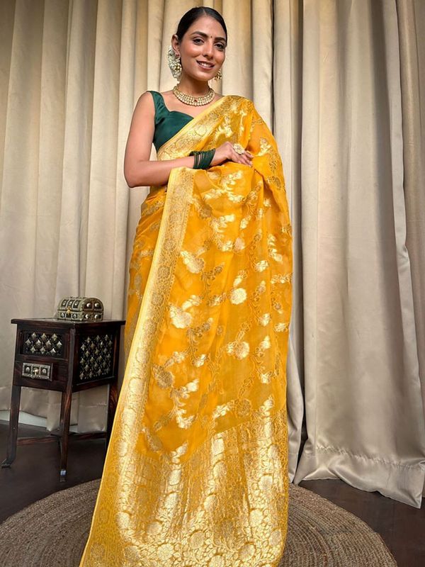 Yellow Banarasi Silk Saree With Rich Gold Zari Work