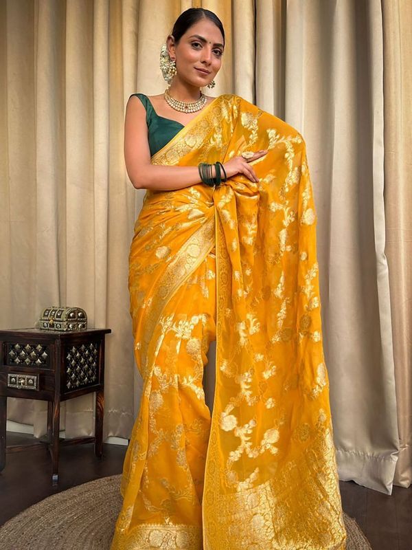 Yellow Banarasi Silk Saree With Rich Gold Zari Work