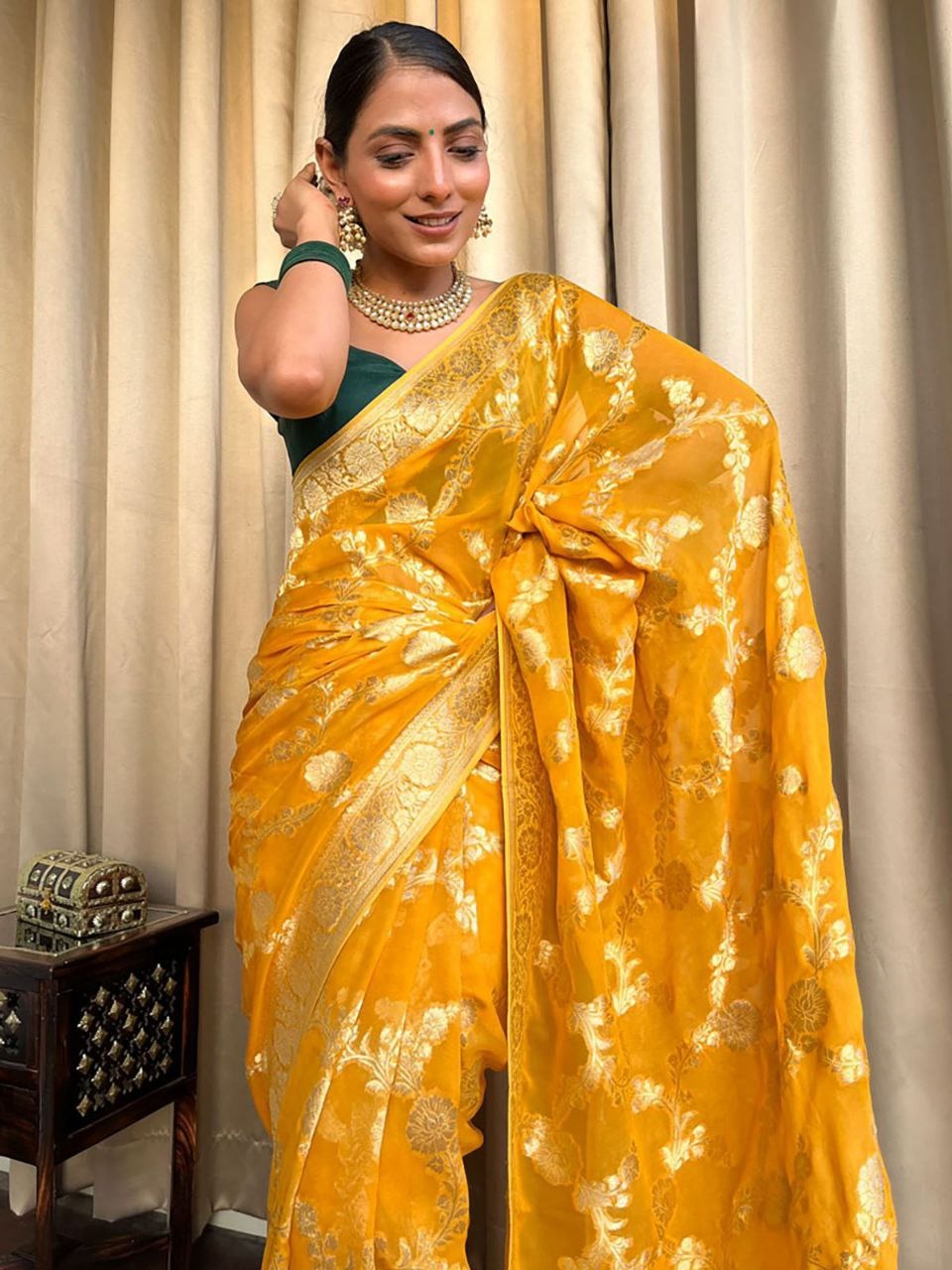 Yellow Banarasi Silk Saree With Rich Gold Zari Work