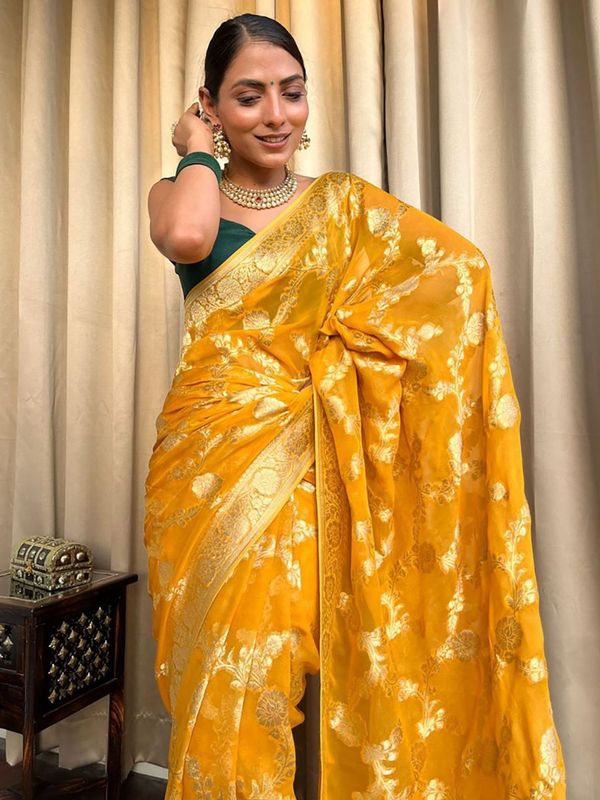 Yellow Banarasi Silk Saree With Rich Gold Zari Work