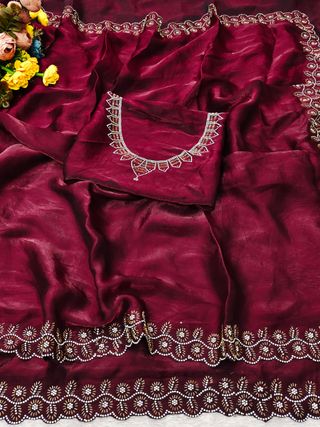 Luxury Wine Red Saree with Fine Zarkan Detailing