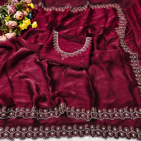 Luxury Wine Red Saree with Fine Zarkan Detailing