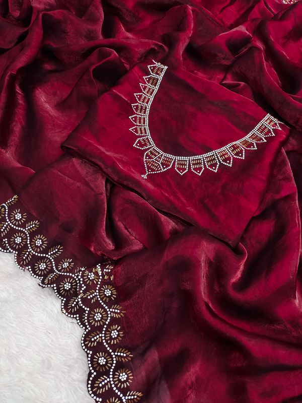 Luxury Wine Red Saree with Fine Zarkan Detailing