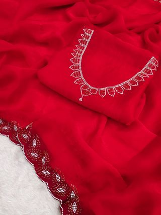 Elegant Red Zarkan Work Space Silk Saree with Blouse