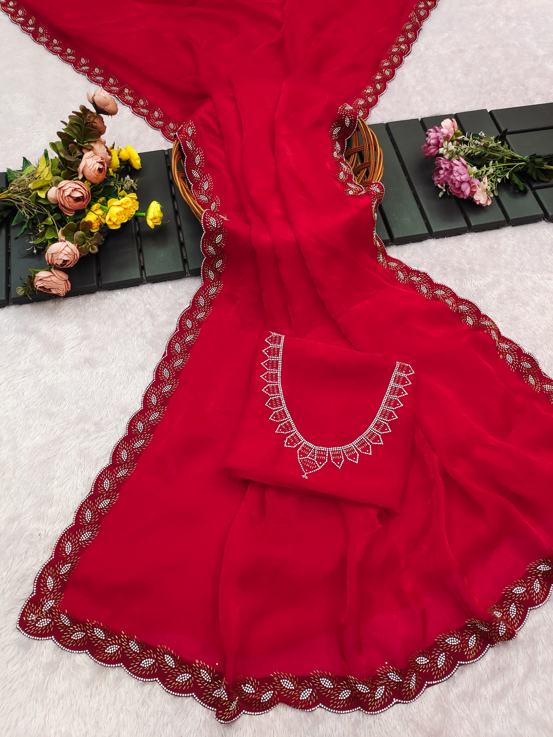 Elegant Red Zarkan Work Space Silk Saree with Blouse