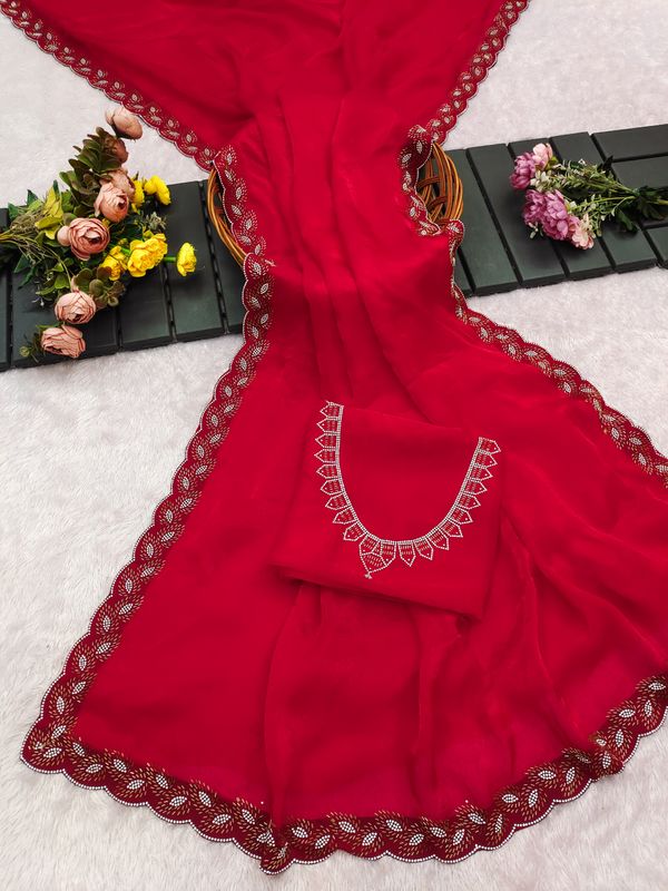 Elegant Red Zarkan Work Space Silk Saree With Blouse