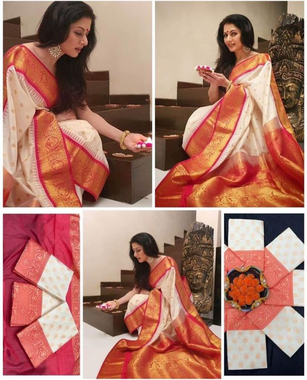 White Red Banarasi Silk Saree With Rich Zari Border
