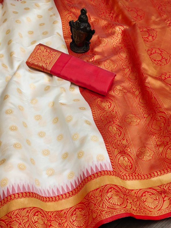 White Red Banarasi Silk Saree With Rich Zari Border