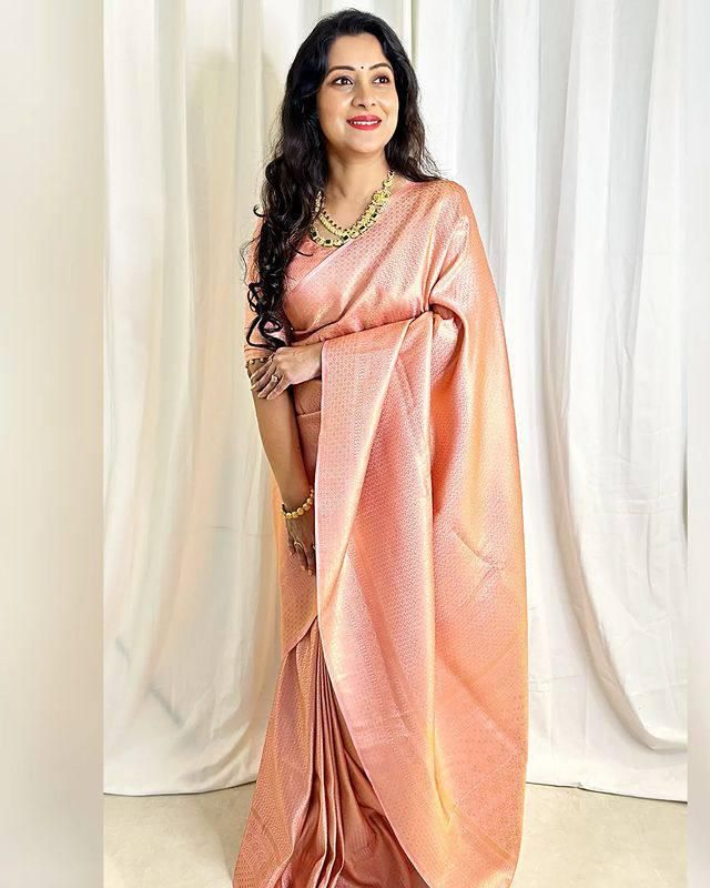 Peach Lichi Silk Saree with Rich Pallu & Jacquard Work