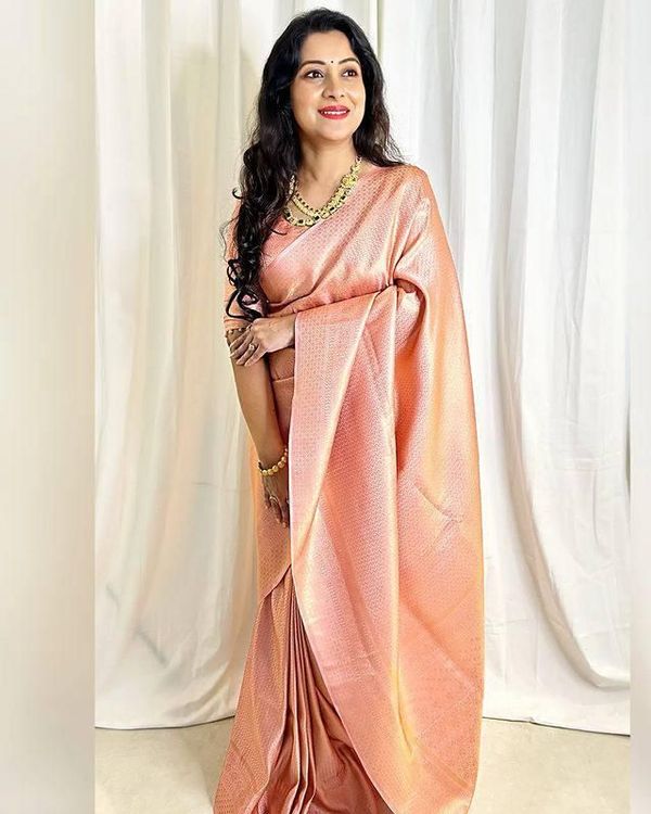 Peach Lichi Silk Saree with Rich Pallu & Jacquard Work