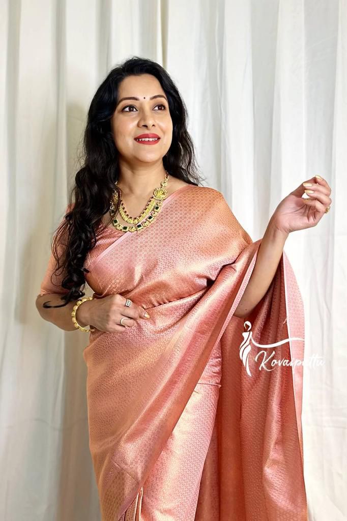 Peach Lichi Silk Saree with Rich Pallu & Jacquard Work