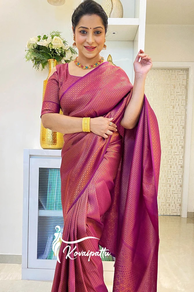 Wine Lichi Silk Saree with Zari Jacquard & Rich Pallu