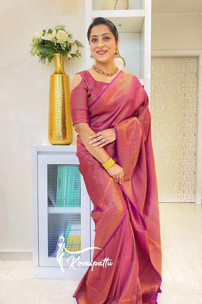 Wine Lichi Silk Saree with Zari Jacquard & Rich Pallu