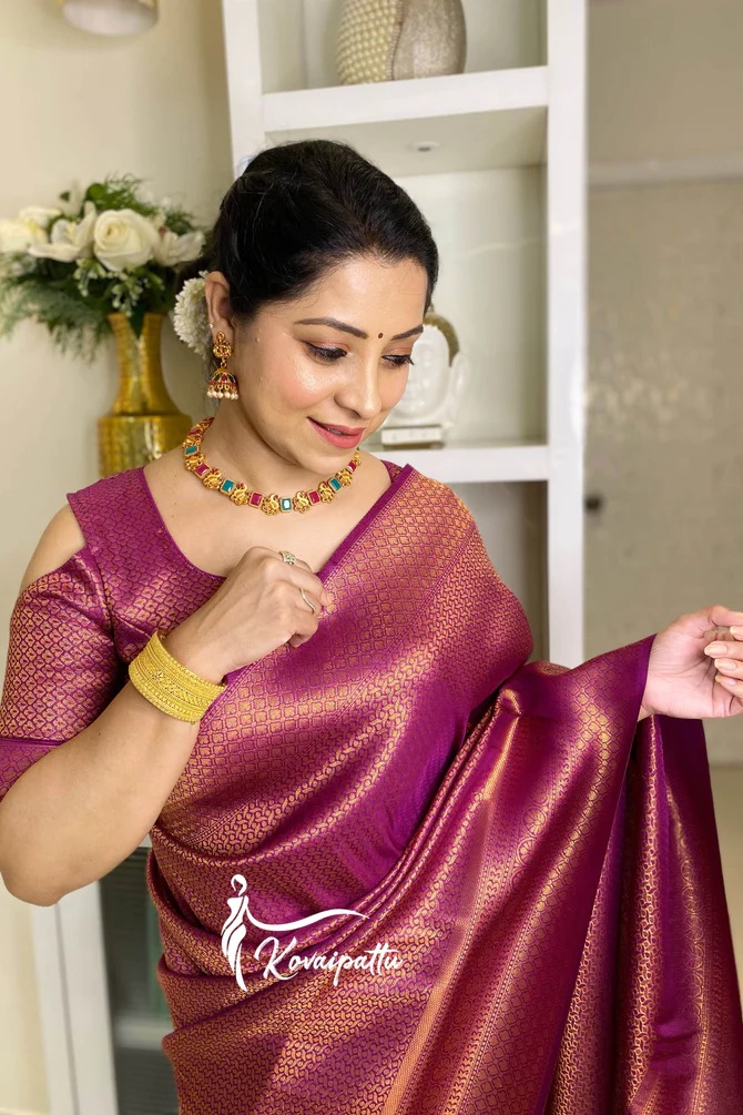 Wine Lichi Silk Saree with Zari Jacquard & Rich Pallu
