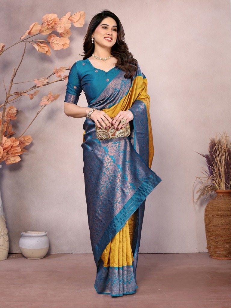 Mustard Teal Banarasi Soft Silk Zari Weave Saree