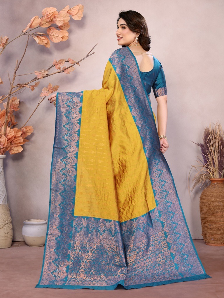Mustard Teal Banarasi Soft Silk Zari Weave Saree