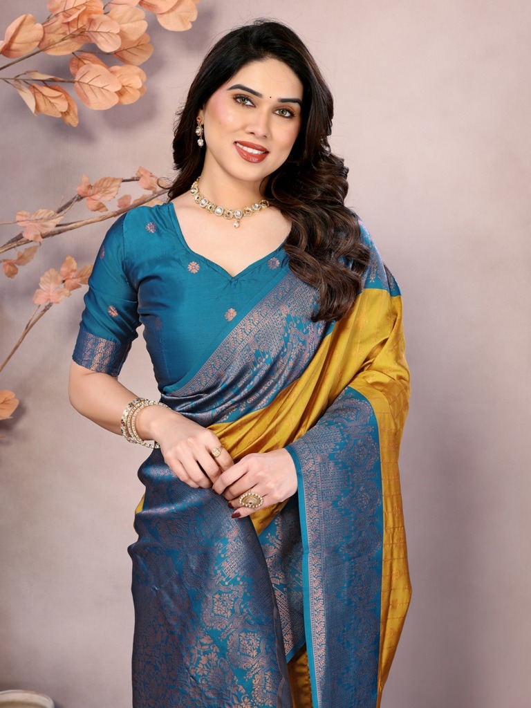 Mustard Teal Banarasi Soft Silk Zari Weave Saree
