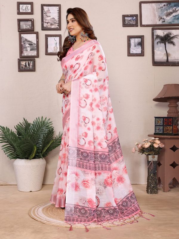 Pink Floral Printed Cotton Linen Saree with Tassels